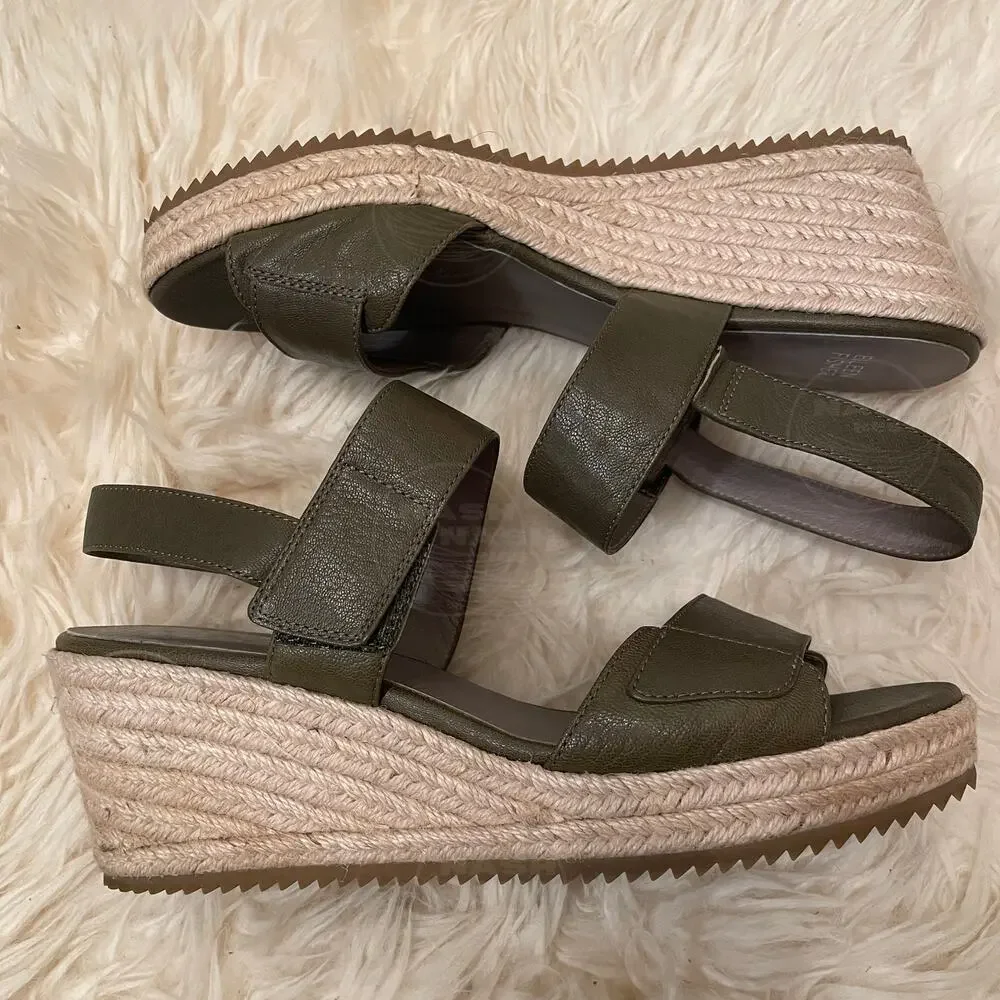 Eileen Fisher 10 Olive Leather Wedge Sandals | Espadrille Platform, Adjustable